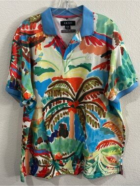 AKOO Multicolor Tropical Palm Print Polo with Blue Collar men’s XXL